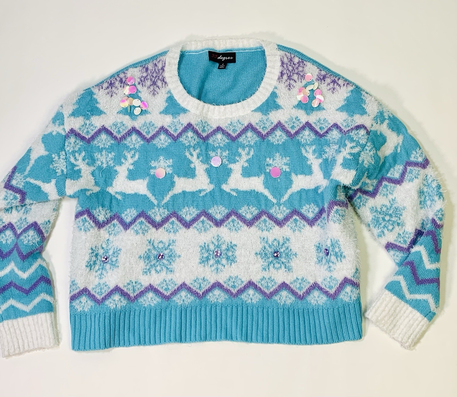 33 Degrees Jumper Knit Ugly Christmas Sweater Size L Blue Purple White Reindeer