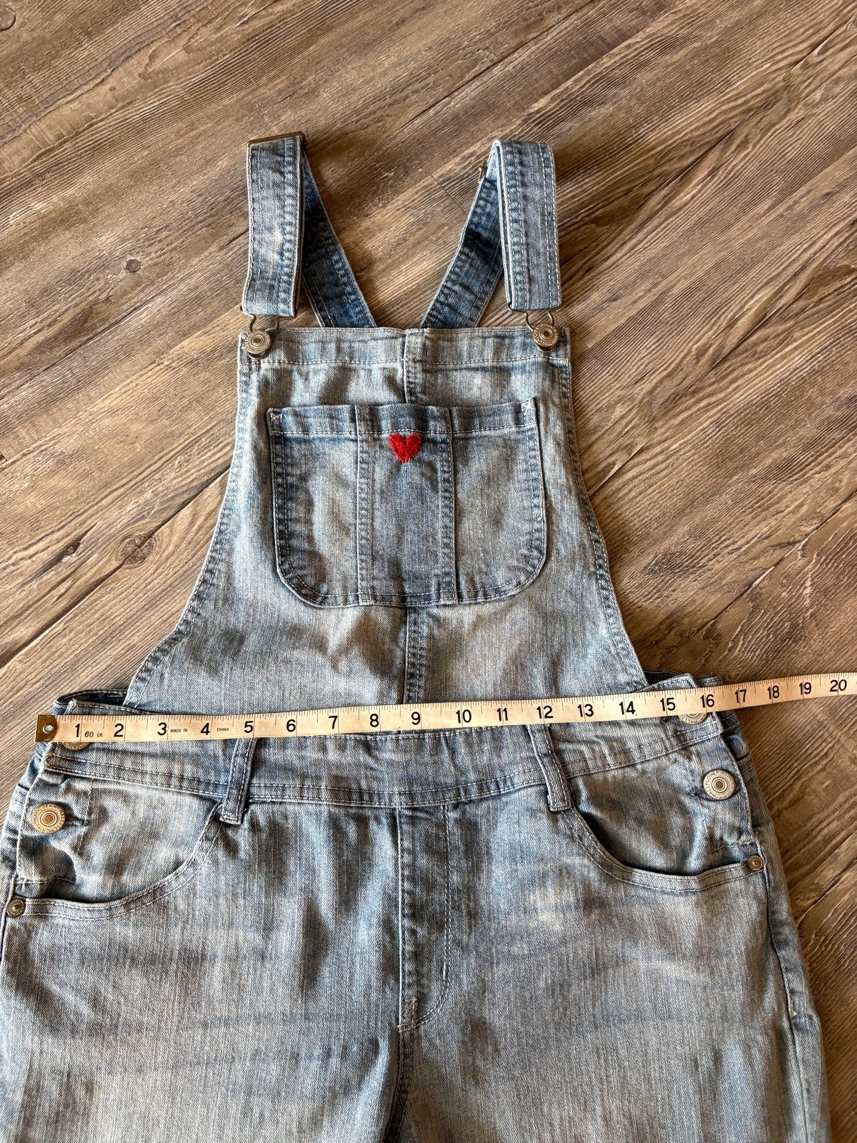 WallFlower Denim Overalls Size Large – Light Wash Red Heart Detail