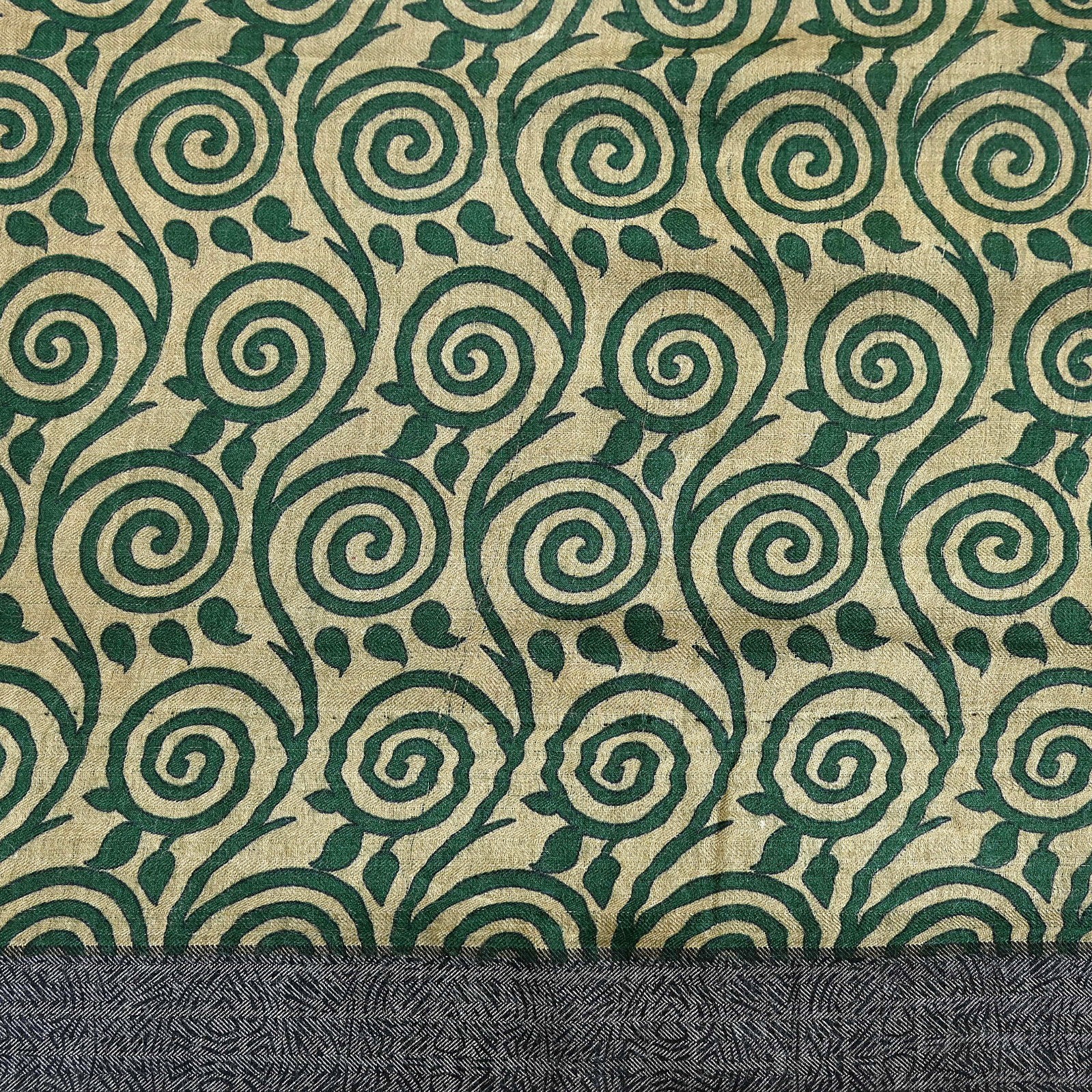 Vintage Beige Green Wool Saree Indian Pure Wool Floral Woven Fabric 6 Yard Soft