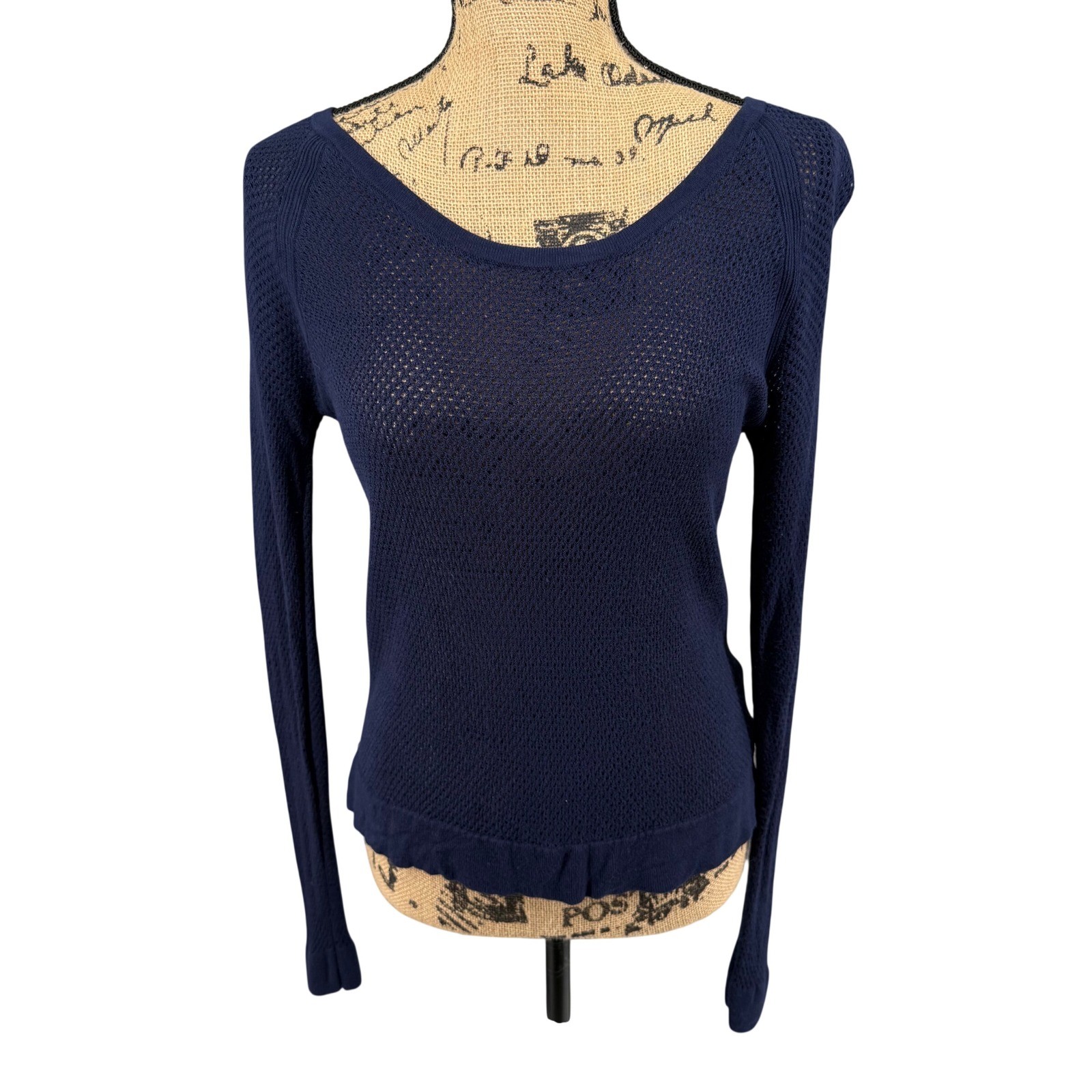 Rag & Bone Mesh Top Womens S Navy Blue Pointelle Open Knit Long Sleeve Netted