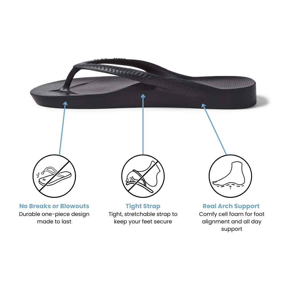 Archies Arch Support Flip Flops, Unisex, Black, US Men’s 6/Women’s 7