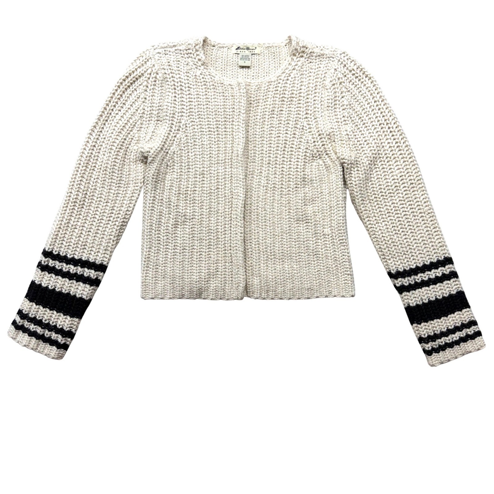 Eddie Bauer VTG Cream Shaker Knit Striped Cuff Snap Cardigan Sweater Womens S
