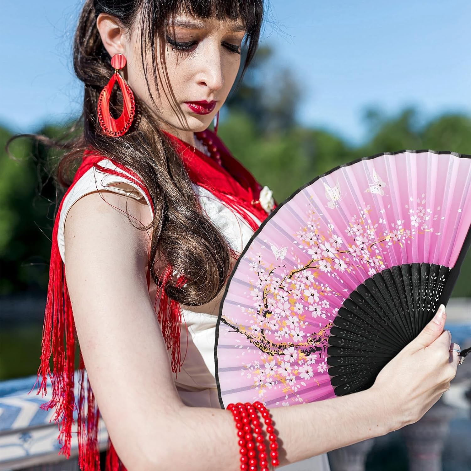 4 Pack Handheld Floral Folding Fans Hand Held Silk Bamboo Fans with Tassel(Chic)