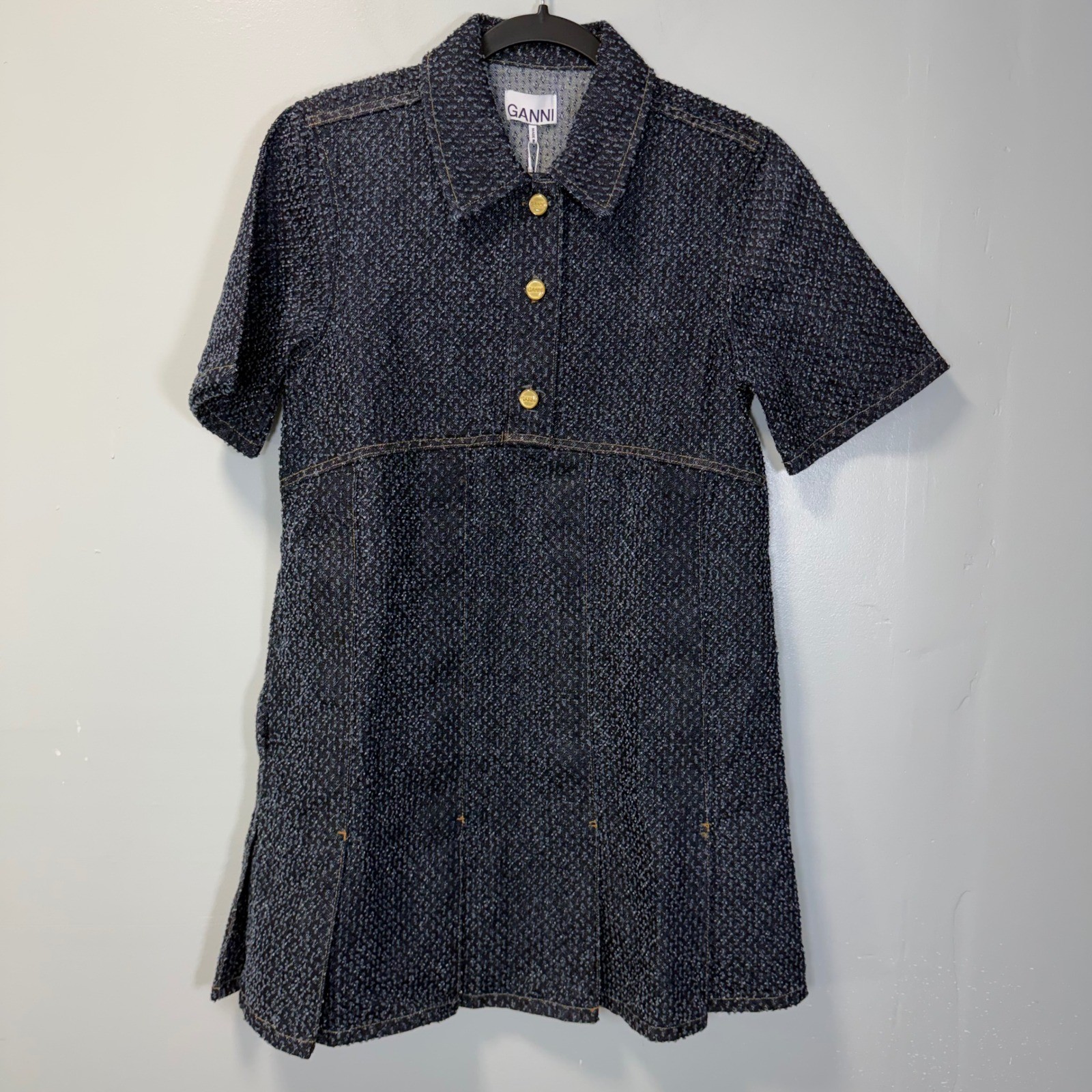 Ganni Fluffy Denim Mini Dress Rinse Blue Pleates J1546 Size EU 36 US 4 New