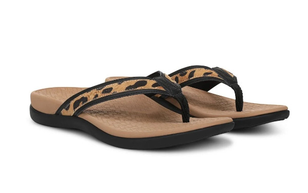 Vionic Women’s Tide 2.0 Toe Post Sandal, Black Leopard Print Suede