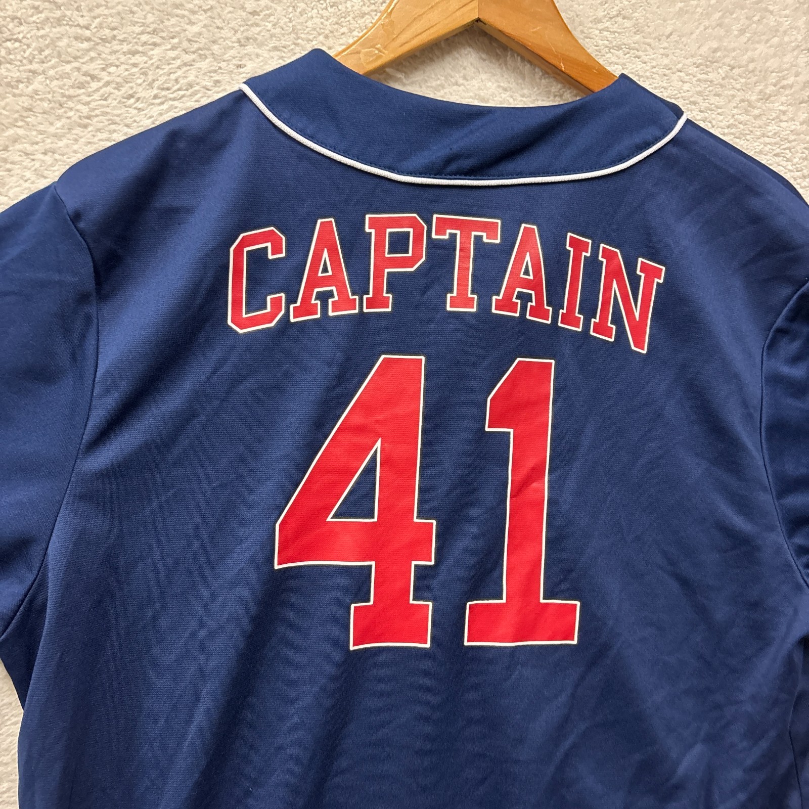 Marvel Captain America Baseball Jersey Mens Medium Blue Button Up Mad Engine Pat