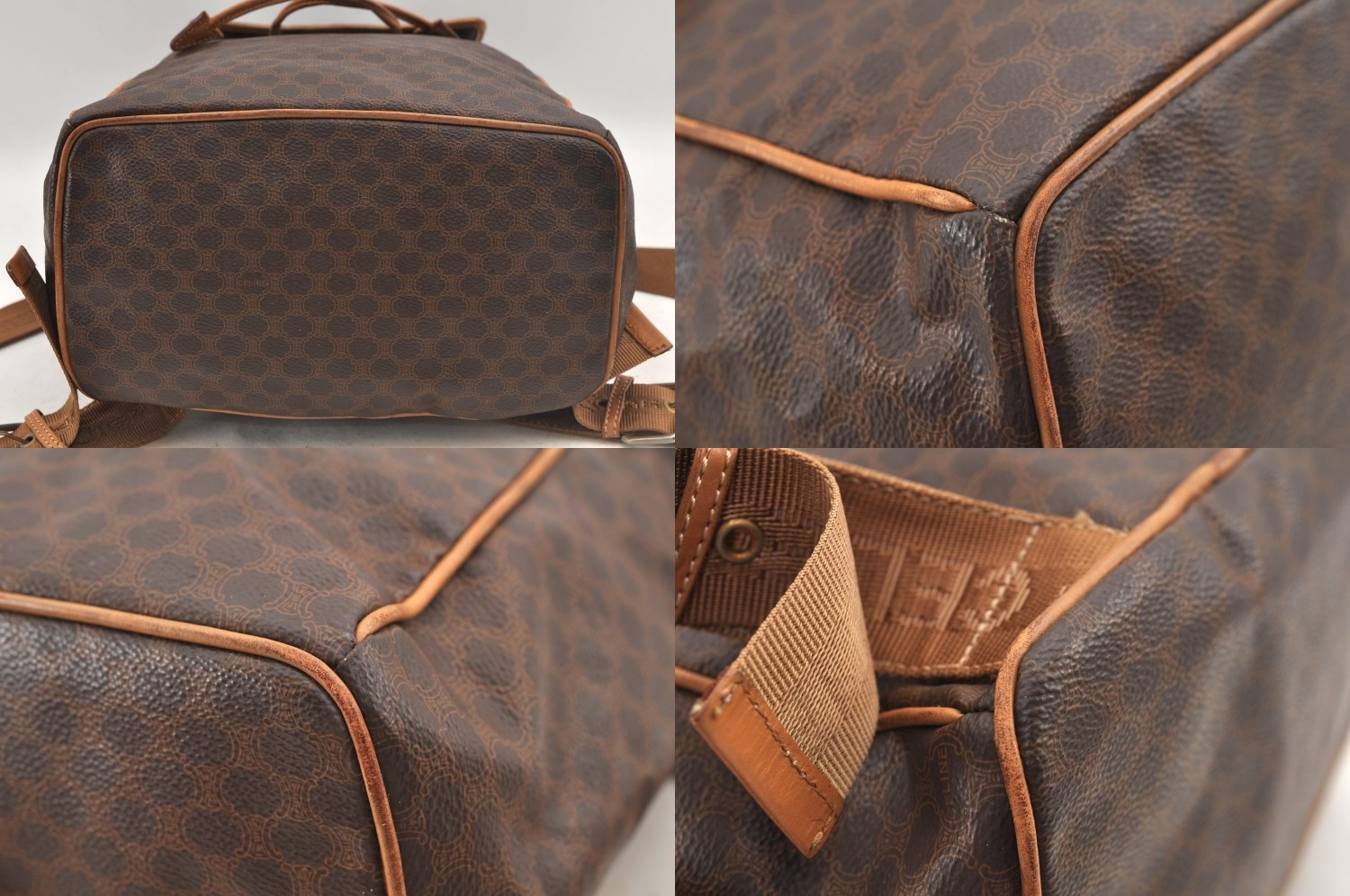 Authentic CELINE Macadam Blason Pattern Backpack PVC Leather Brown AB587