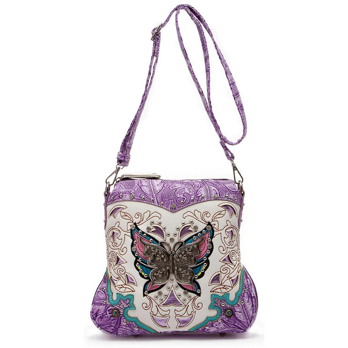 Butterfly Handbag Western Purse Women Shoulder Bag Crossbody Wallet Set Purple