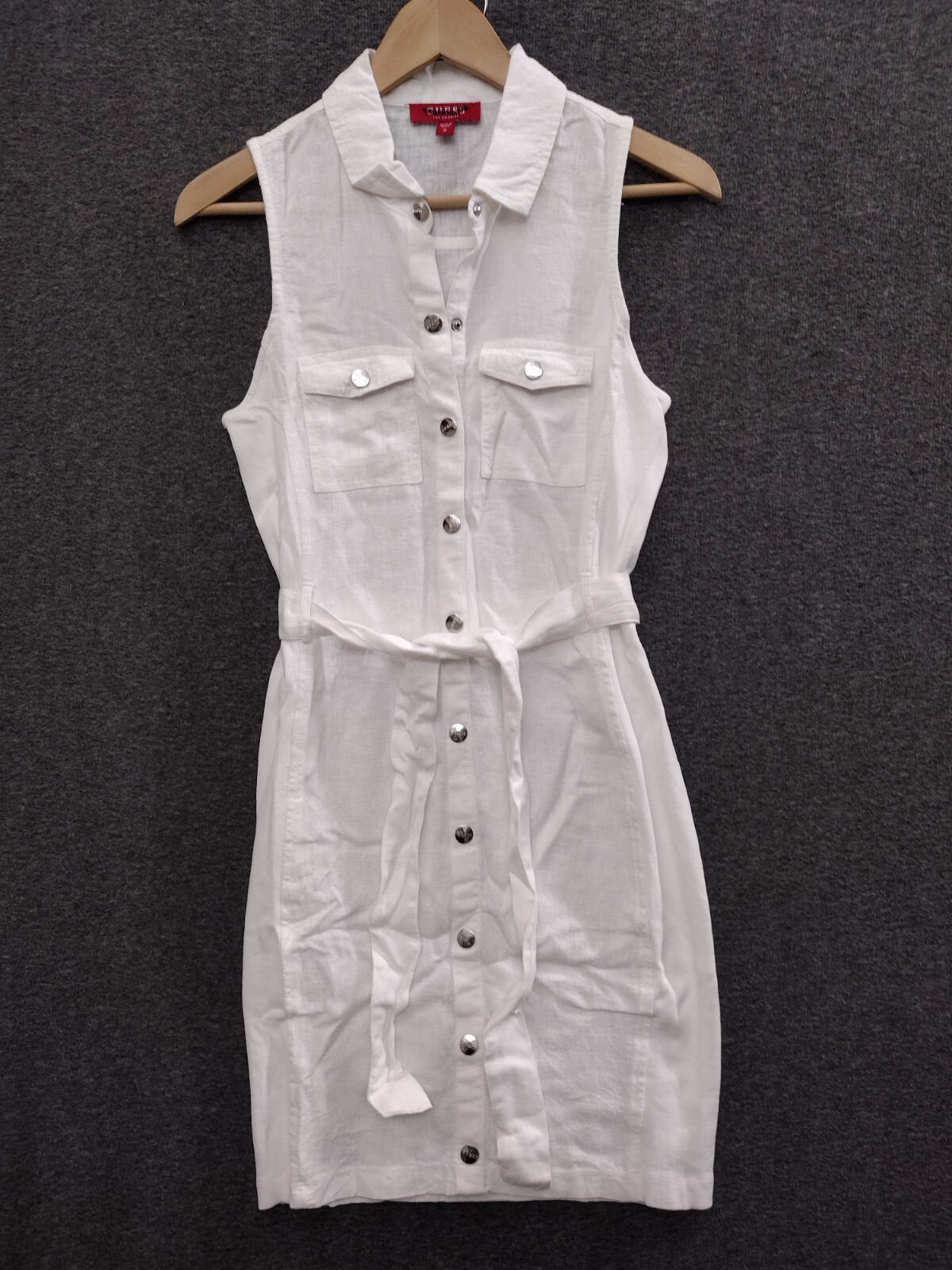 Guess Women’s White Linen Belt Shirt Fitted Dress Collared Button Down Size S