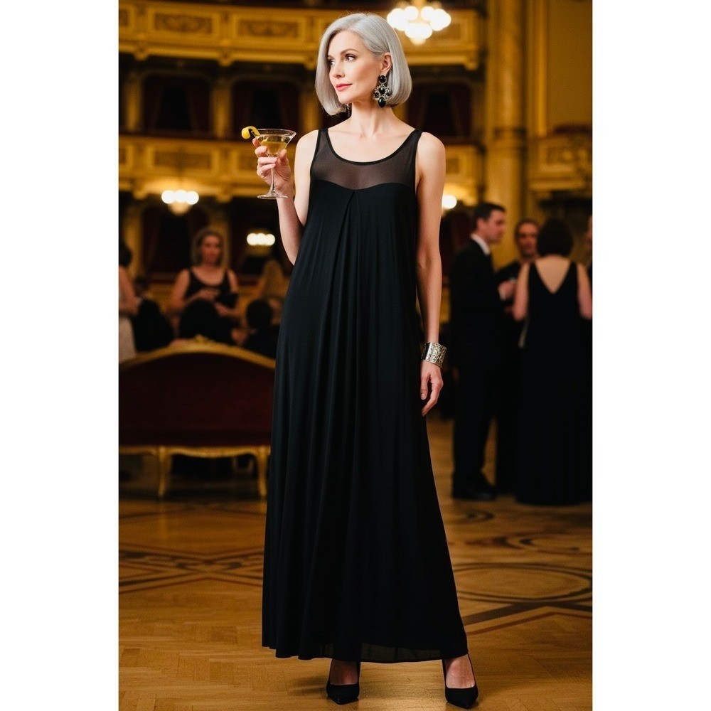 Maxi Black Sheer Mesh Yoke Sleeveless Dress Draped Asymmetric hem XL Minimalist