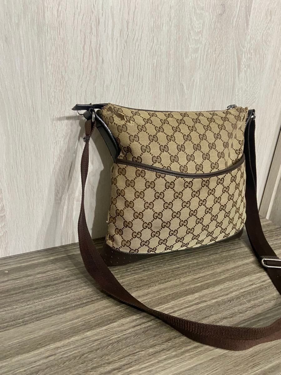 GUCCI shoulder bag GG pattern canvas beige leather punching crossbody