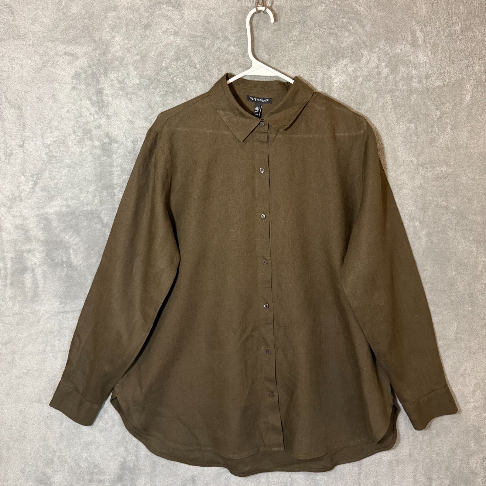 Eileen Fisher Shirt Womens Medium M Brown Organic Linen Tunic Button Up Top