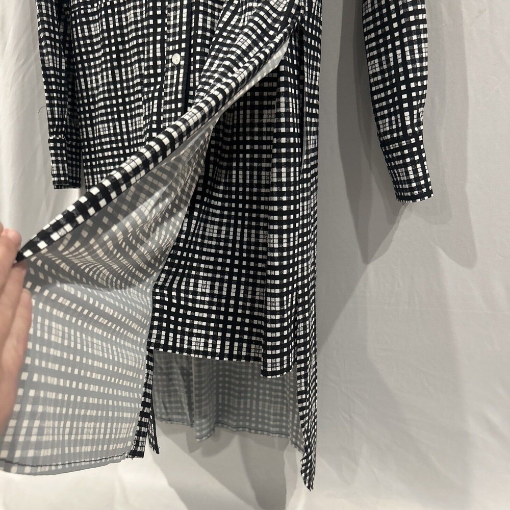 Lysse Womens Black White Grid Check Button Down Tunic Top High Low Hem Medium