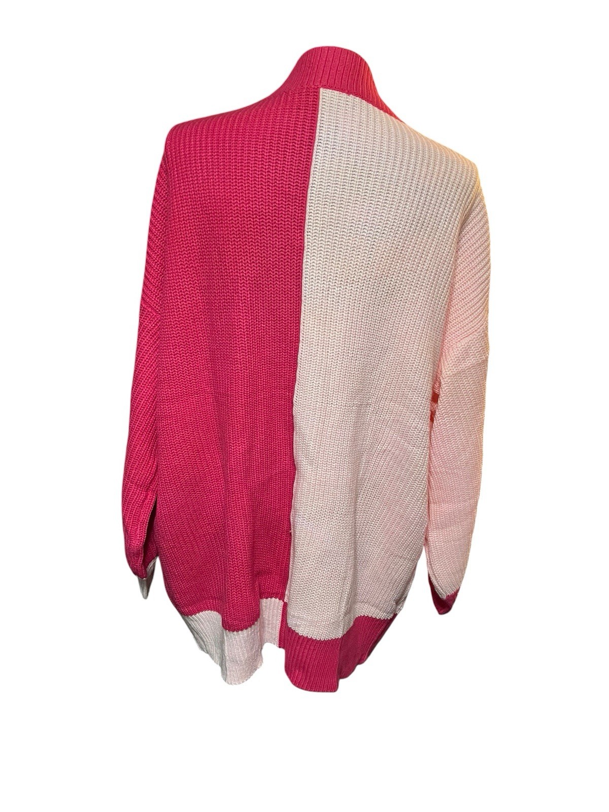 Two Tone Bright Pink Color Block Cardigan Preppy Glam Girlie Librarian Sz L