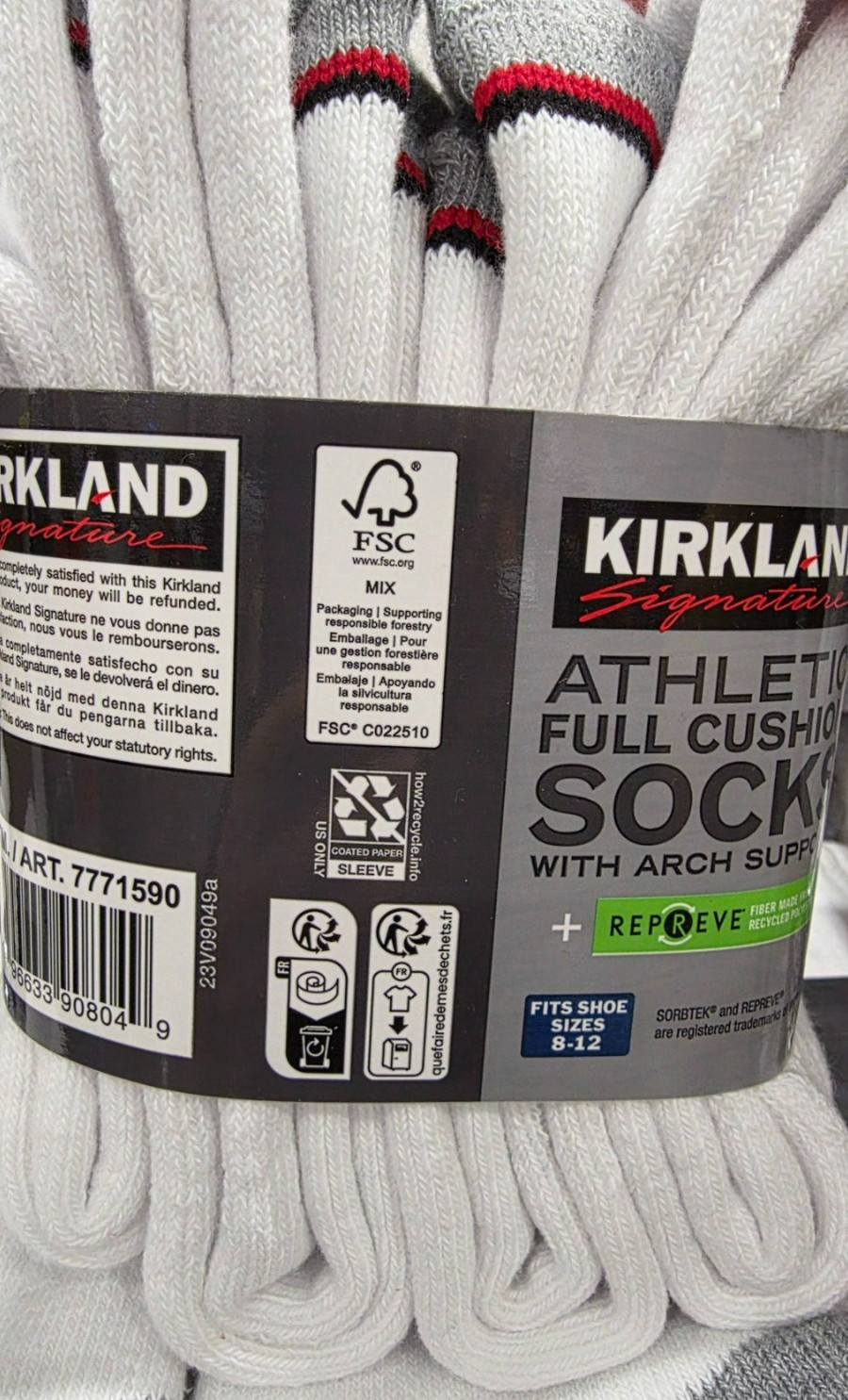 Kirkland Signature Athletic Crew Socks Full Cushion Arch Support White Size 8-12