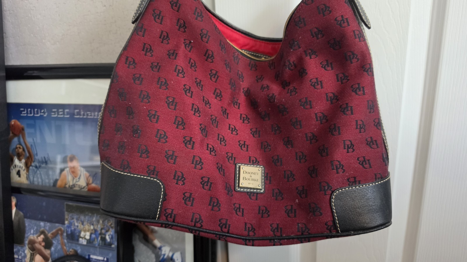 Dooney & Bourke Burgundy/Black Monogram Hobo Zip Top Gold HW Red Lining