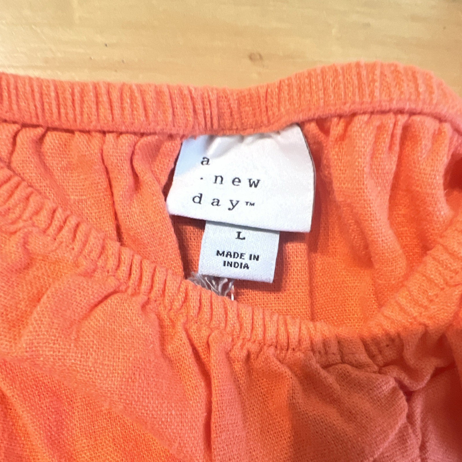 A New Day Orange Puff Sleeve Square Neck Ruffle Hem Blouse Linen Rayon L