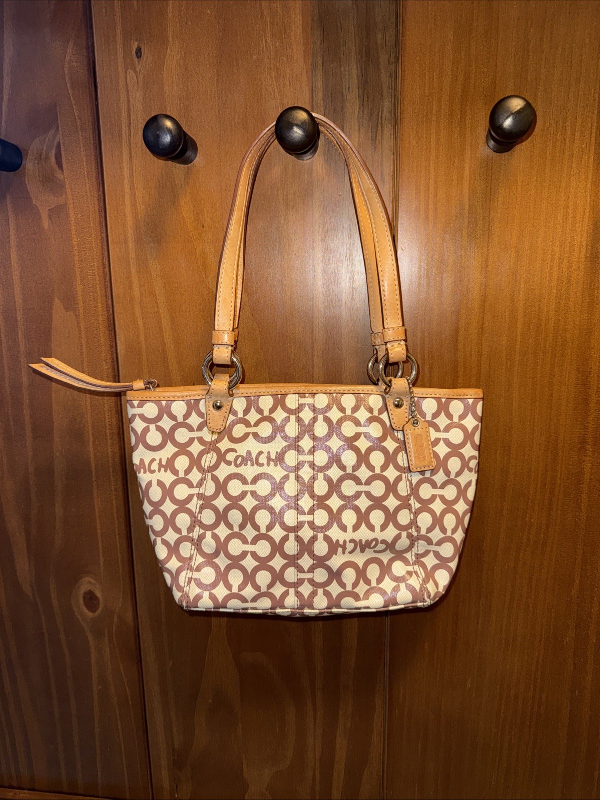 COACH Leah OP Art Brown & Cream Coated Canvas Mini Hobo Tote Purse 42419