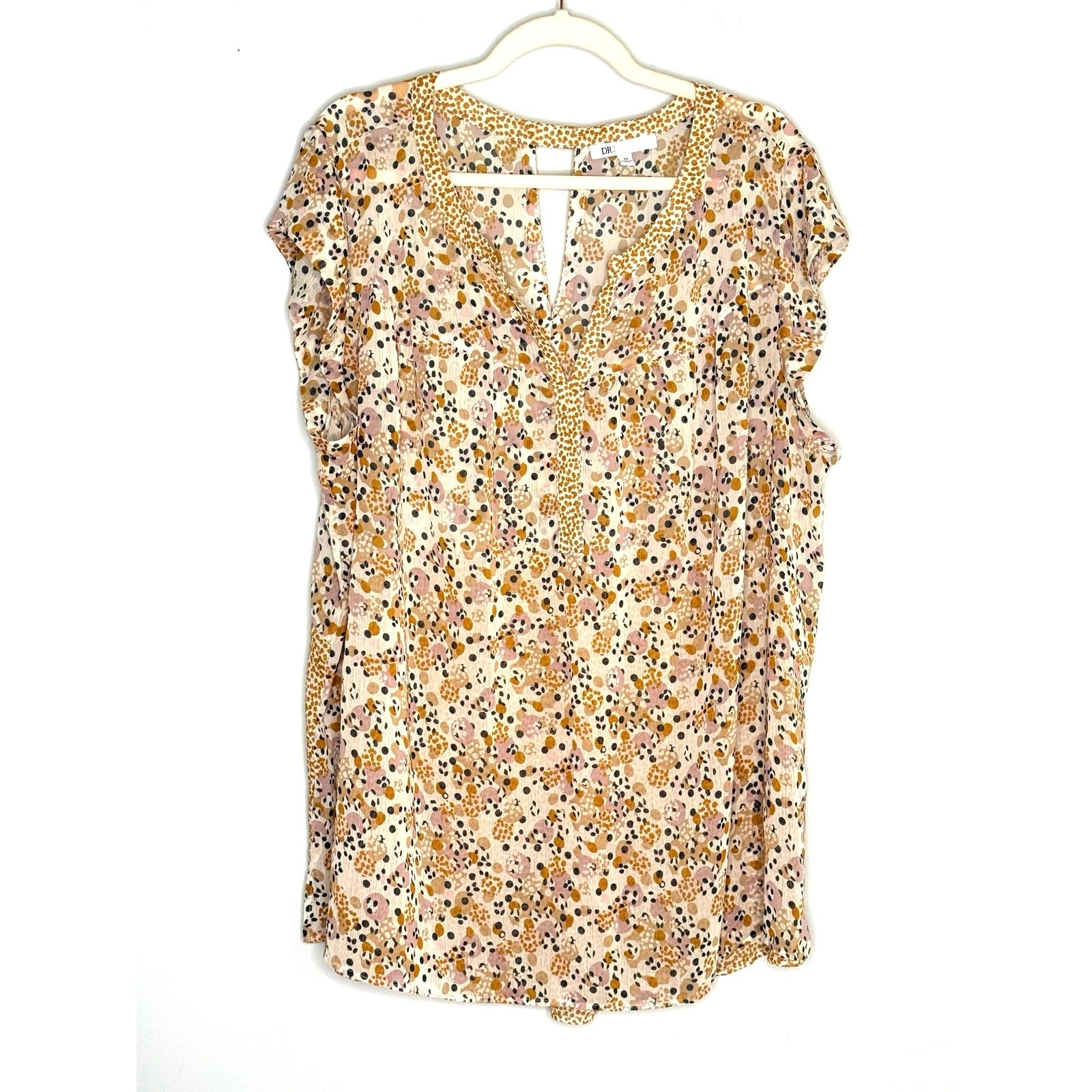 DR2 Brown Pink Floral Sleeveless Top Notch V-neck Collar Pull On Size 3X