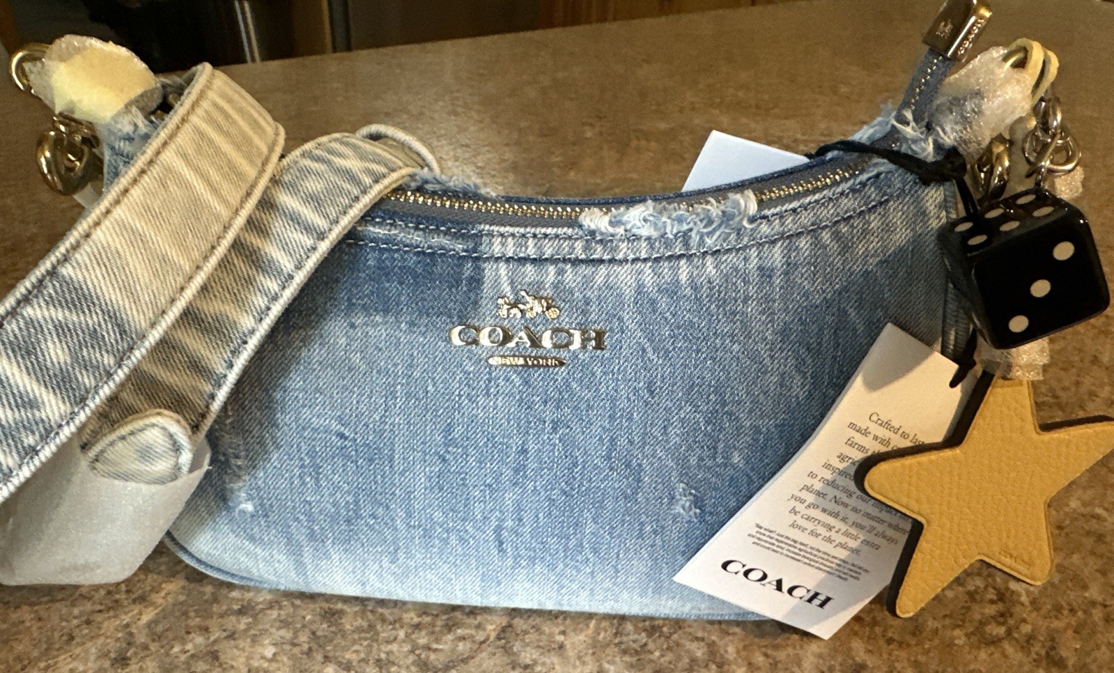 NWT COACH Teri Shoulder Bag In LOved Denim With 2 Charms CDY76