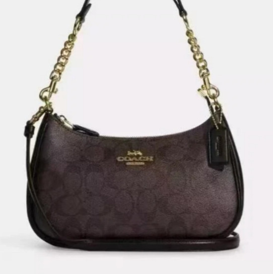 CA548 Teri Shoulder Bag In Signature Canvas/Gold/Walnut/Black Free Shipping