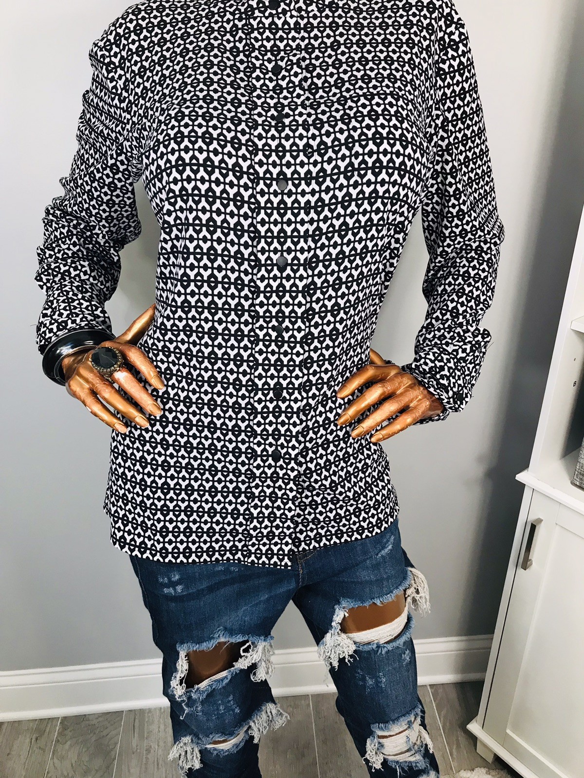 Calvin Klein L Top Stretch Geometric Black White Button Up Shirt Long Slvs Crew