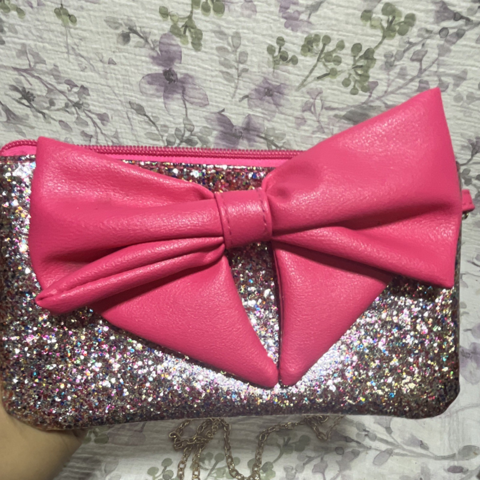 Pink Glitter Bow Crossbody Clutch Zip Closure Gold Chain Strap Lined
