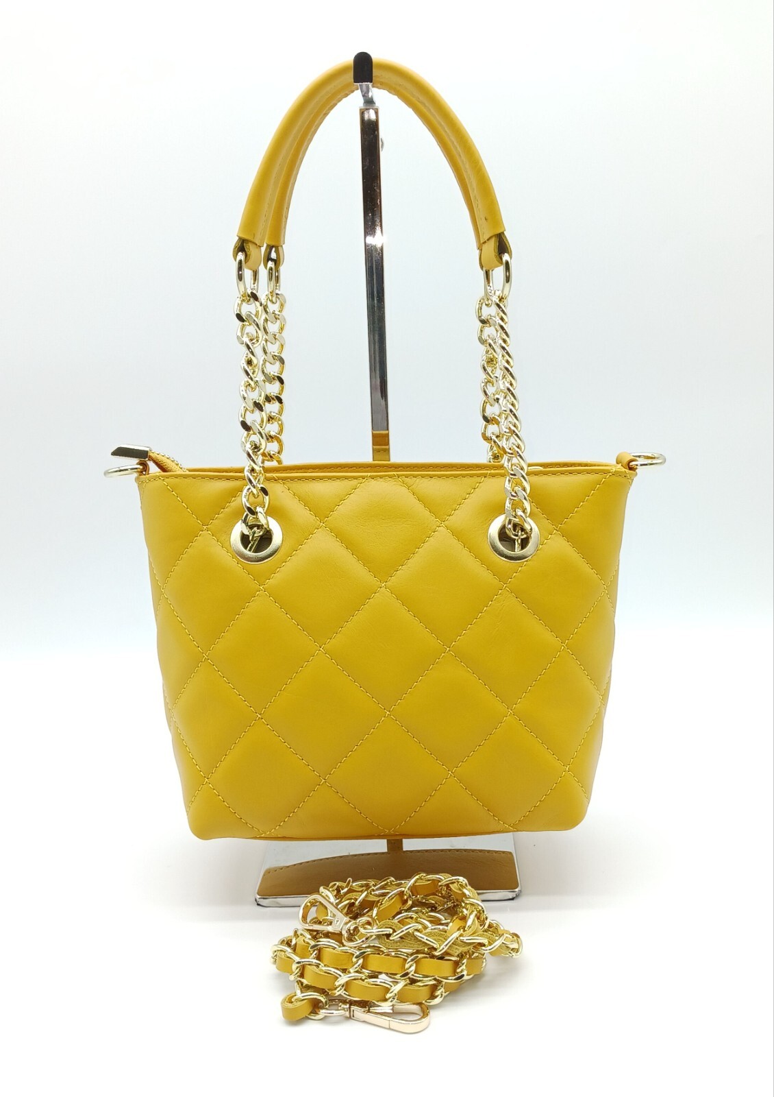 Italian Genuine Leather Small Quilted Tote Crossbody – Made In Italy – Mustard