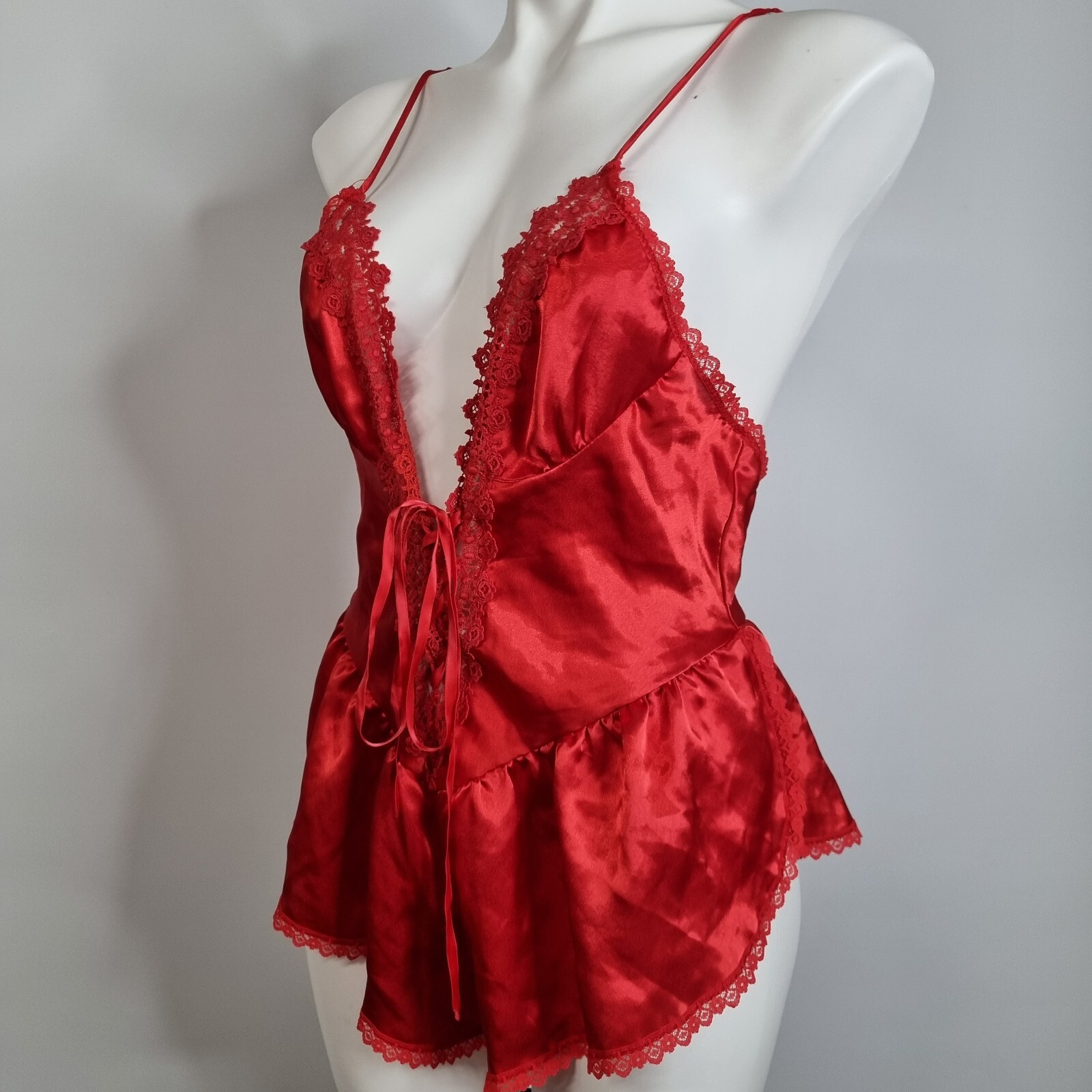 Vtg 80 Val Mode Red Teddy Lingerie Snap Crotch Lace Up Satin Cheeky Dolphin Sz S