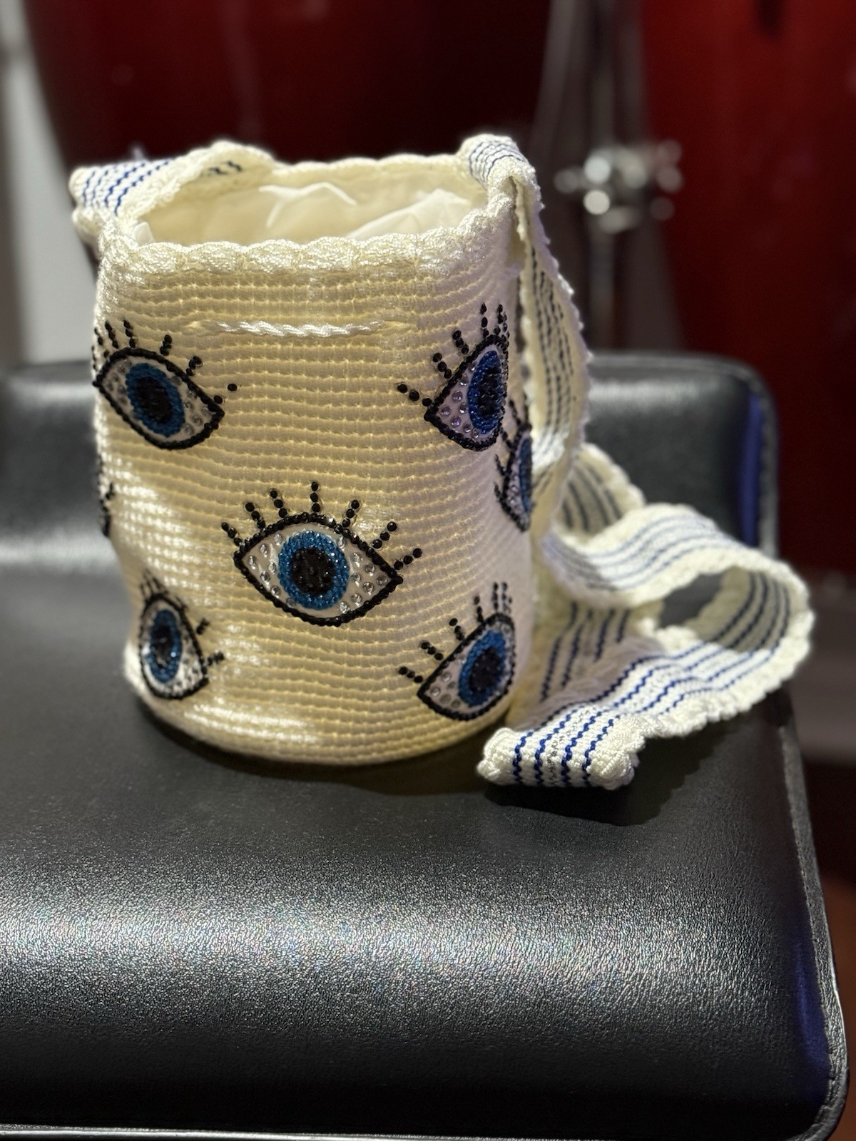 Women’s Small Handmade Woven Straw Eye Crossbody Bag Drawstring Strap