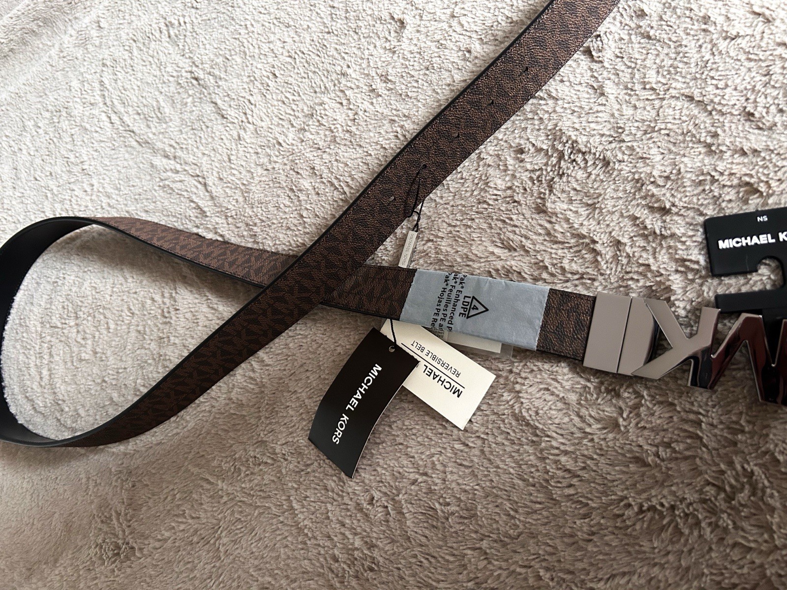 Michael Kors Reversible Brown/Black Logo Dress Belt w/ Silver MK Buckle