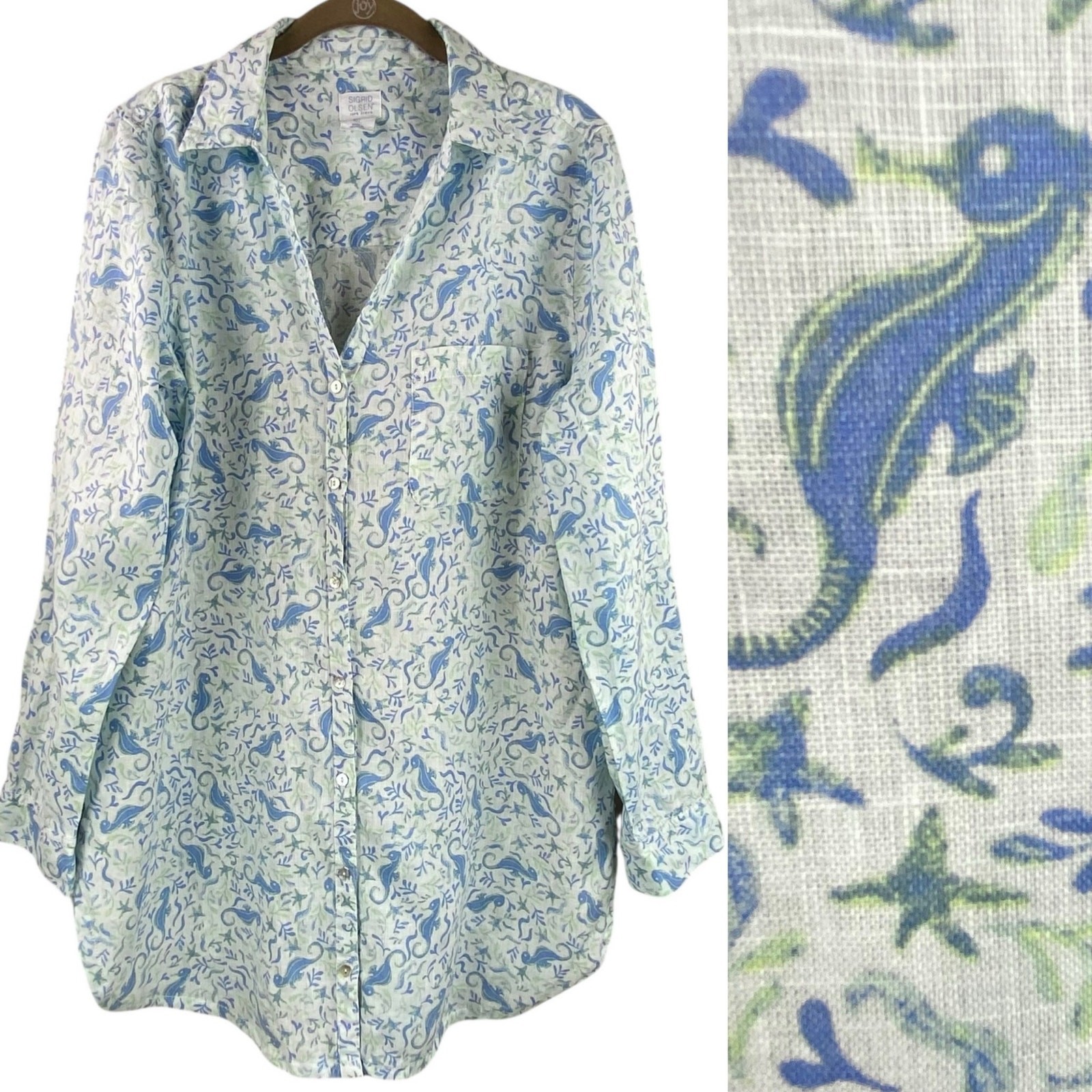 100% Linen Seahorse Shirt Size L White Blue Beach Ocean Resort Coastal Cruise