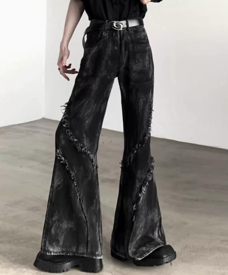 Men’s Black Denim Jeans Flared Casual Punk Hip Hop Trousers Tassels Pants New