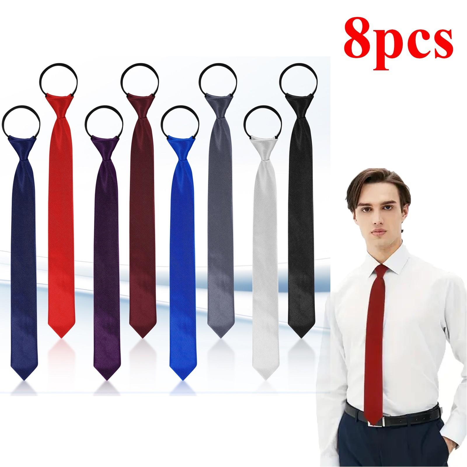 8pcs Pre-Tied Necktie for Men – Solid Color Neck Tie with Adjustable Zipper