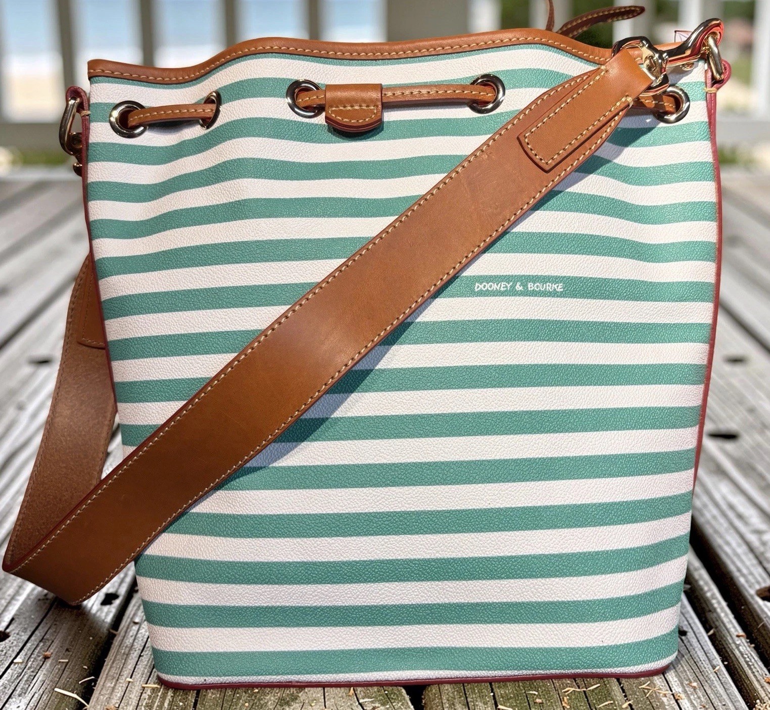Dooney Bourke Sullivan Stripes Seafoam Spearmint Green Drawstring Bucket Bag