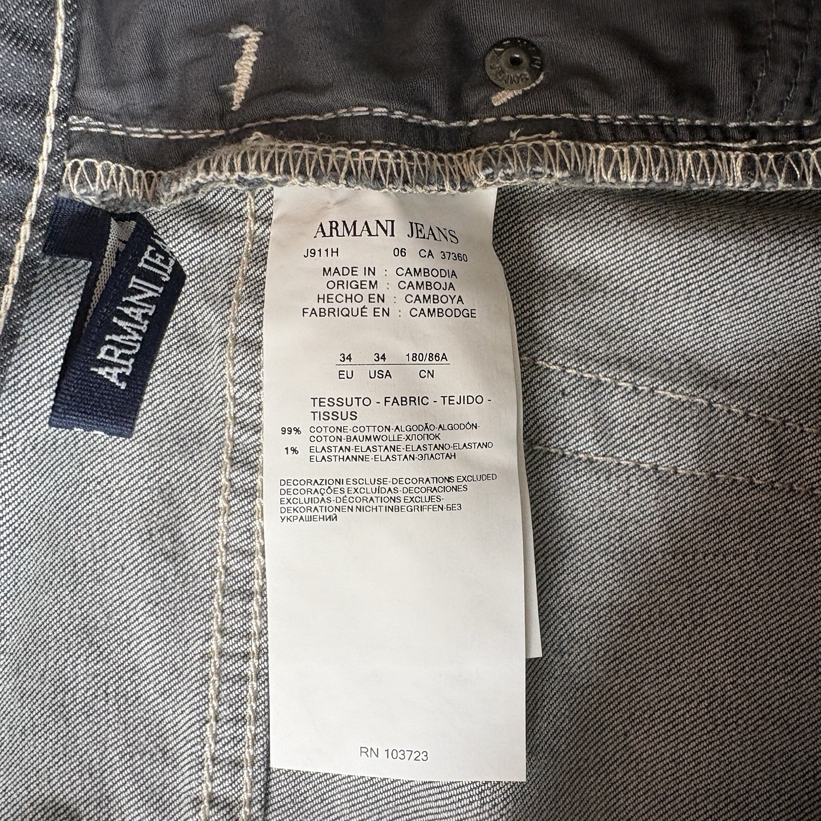 BNWT Emporio Armani Jeans J21 Regular Fit Stretch Denim W34 L34 Grey Mens