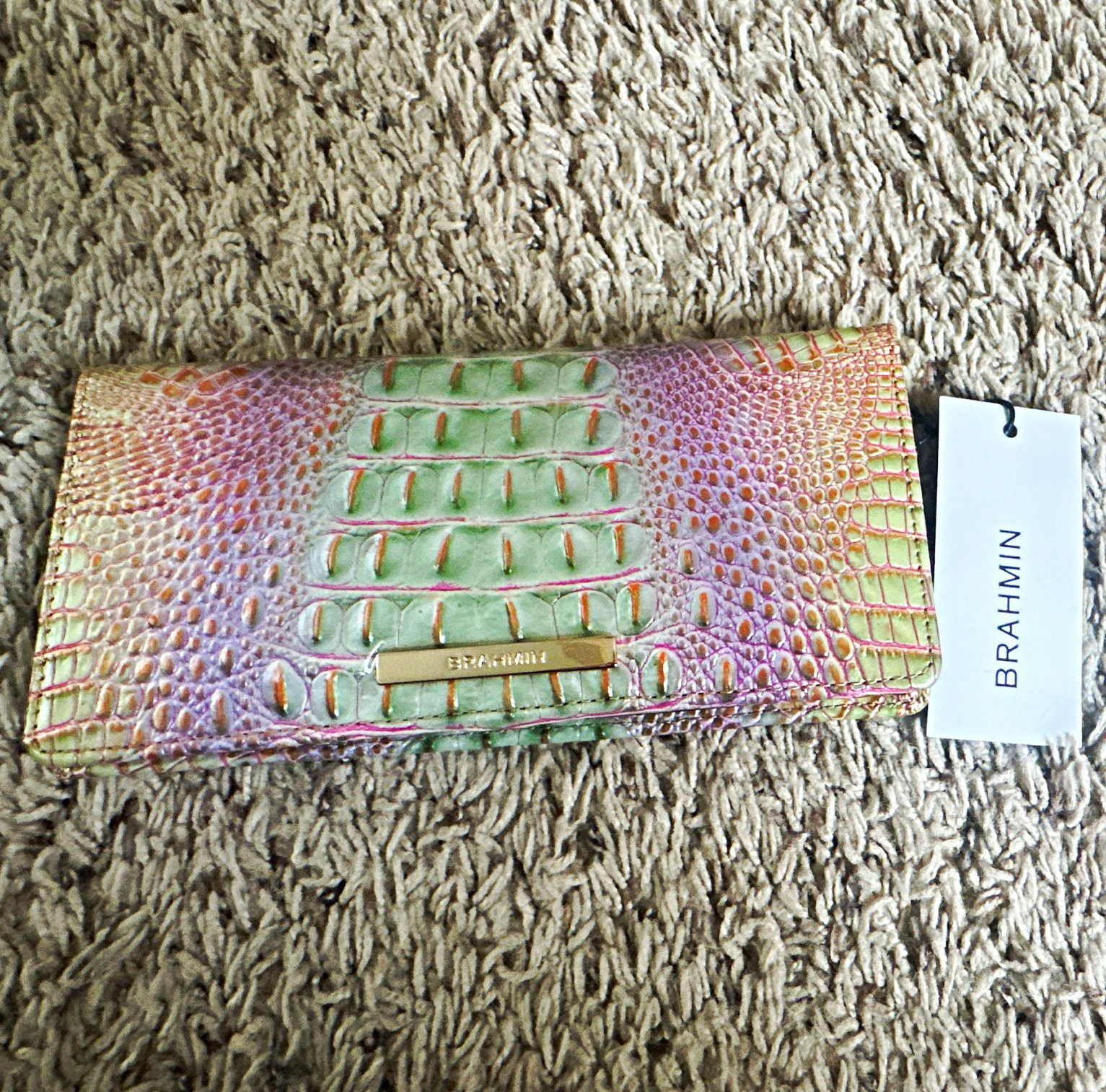 Brahmin Women’s Green/Purple Ombre Animal Print Wallet w/ Zipper Logo