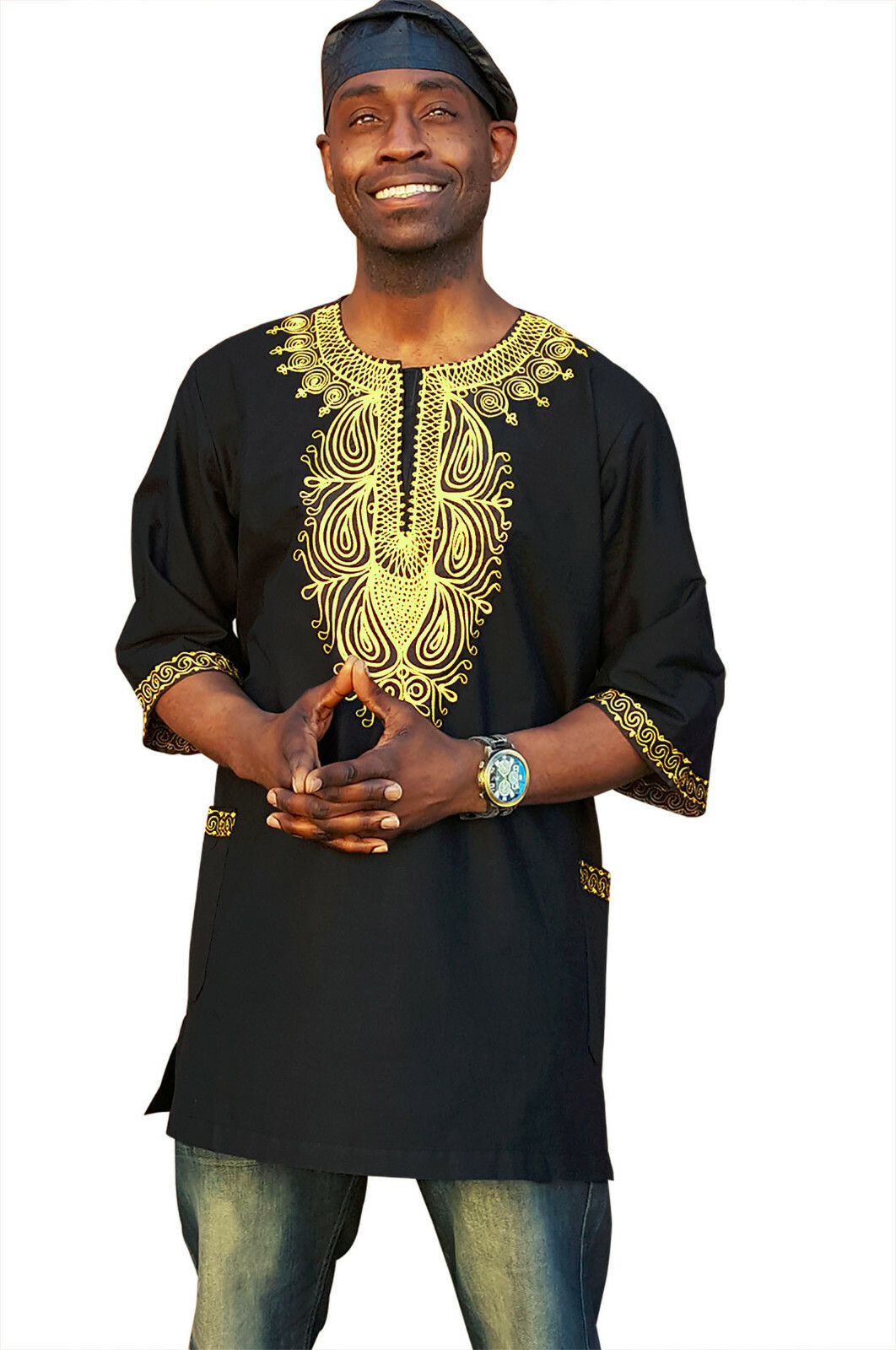 Traditional African Dashiki Shirt with Gold embroidery S to 7XL