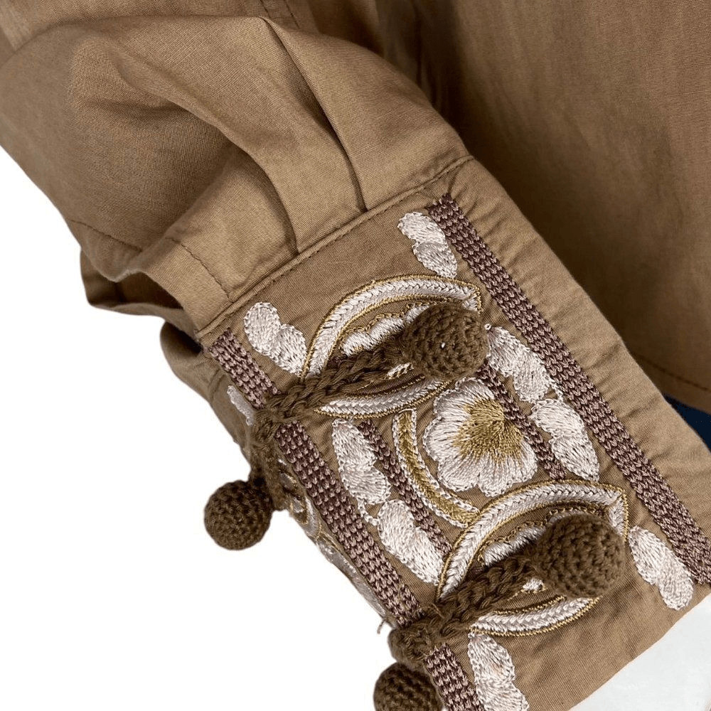 Roberto Cavalli Place Tan Floral Beaned Embroidered Shirt w/ Mandarin Collar 12