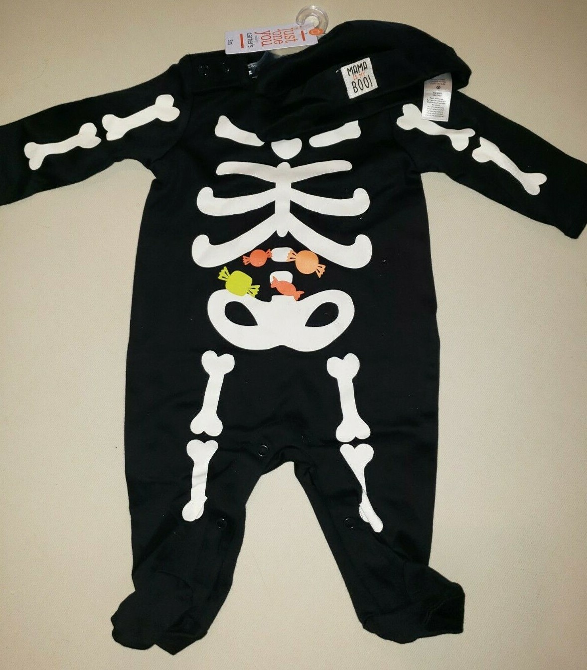 baby boys HALLOWEEN SKELETON SLEEPER HAT MAMA IS MY BOO! 3 month NEW NWT BLACK