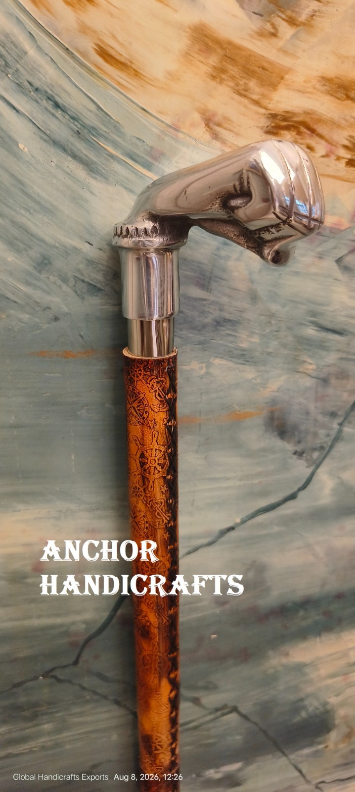 Handmade Punch Handle Leather embossed Nautical Style Wood Costume Walking Stick