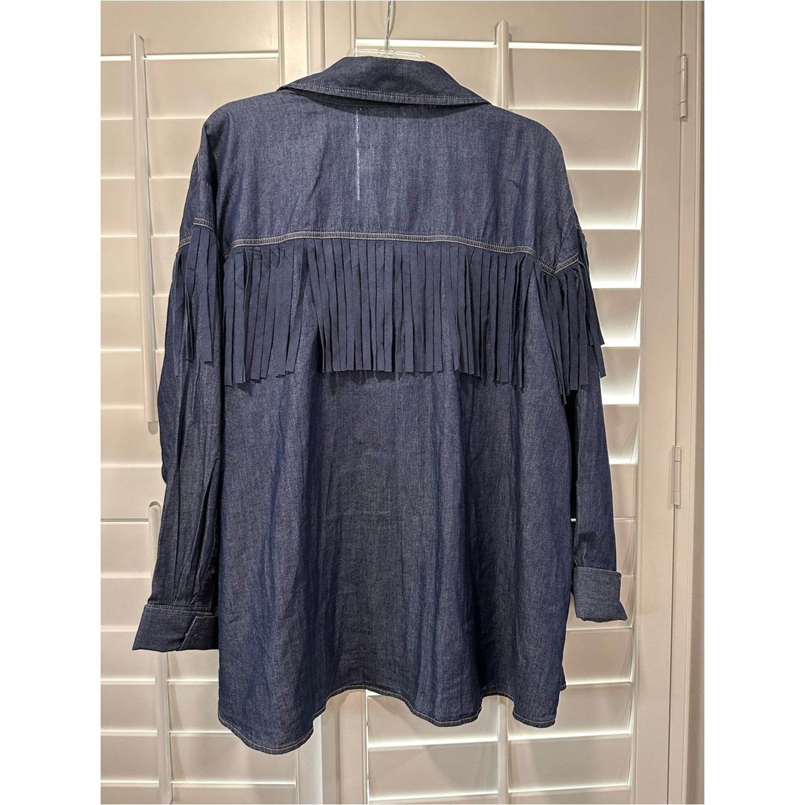 Embroidered Denim Fringe Button Up Shirt Cotton Floral Bird Western Boho Ranch