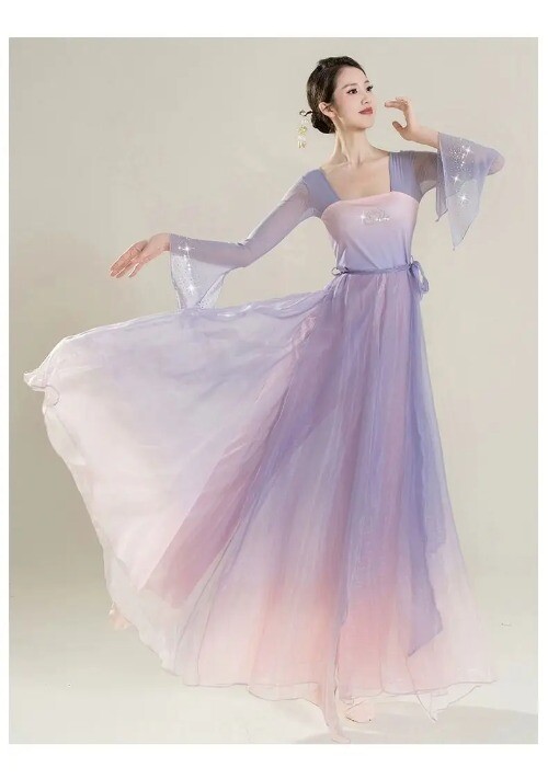 Classical Dance Costume for Women Han Tang Dynasty Showcasing Elegant Mesh Dress