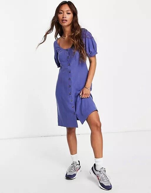 Whistles Tara Scoop Linen Dress UK 12 BNWT Blue Short Mini Button Down RRP 109