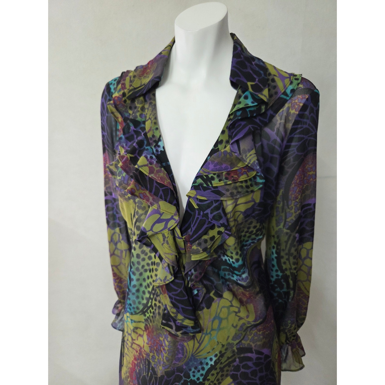 Bisou Bisou Tunic Blouse Womens S Purple Green Sheer Mesh Ruffle Butterfly Print