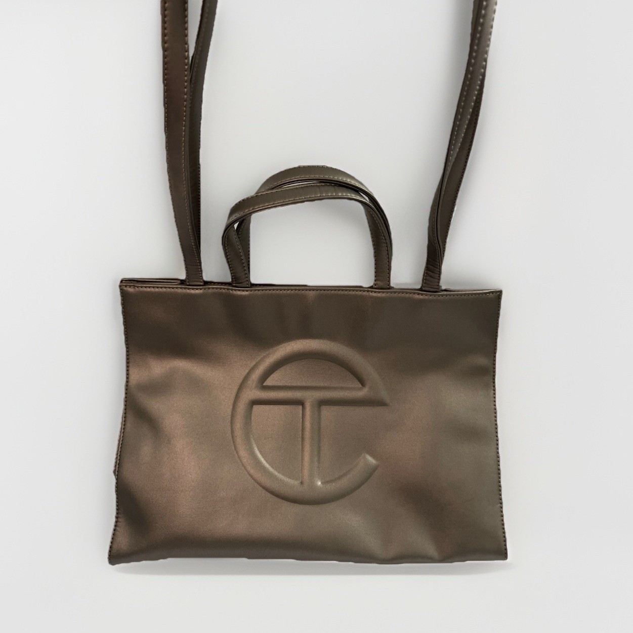 Authentic Telfar Medium Shopping Bag Bronze Metallic Vegan Leather Tote Dust Bag
