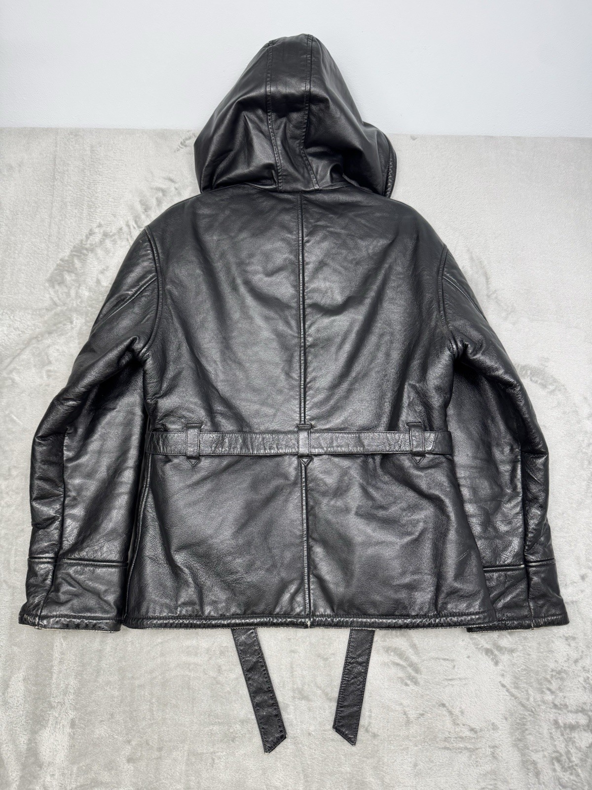 Vintage Wilsons Leather Jacket Womens Medium Hooded Belted Faux Fur Moto 90s Y2K
