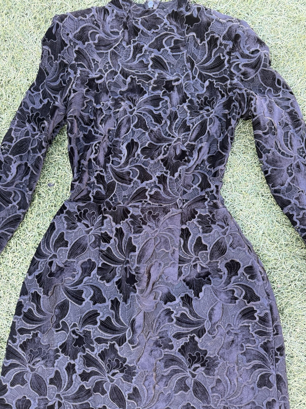 Nadine Merabi Black Floral Lace Embroidered Mini Dress XS High Neck Long Sleeve