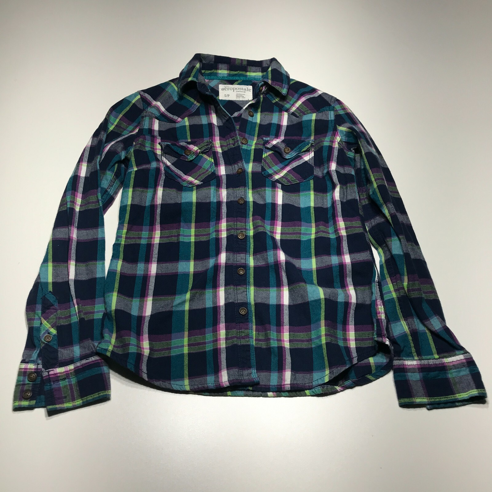 Aeropostale Button Up Womens Size S/P Casual Plaid 100% Cotton 2 Front Pockets