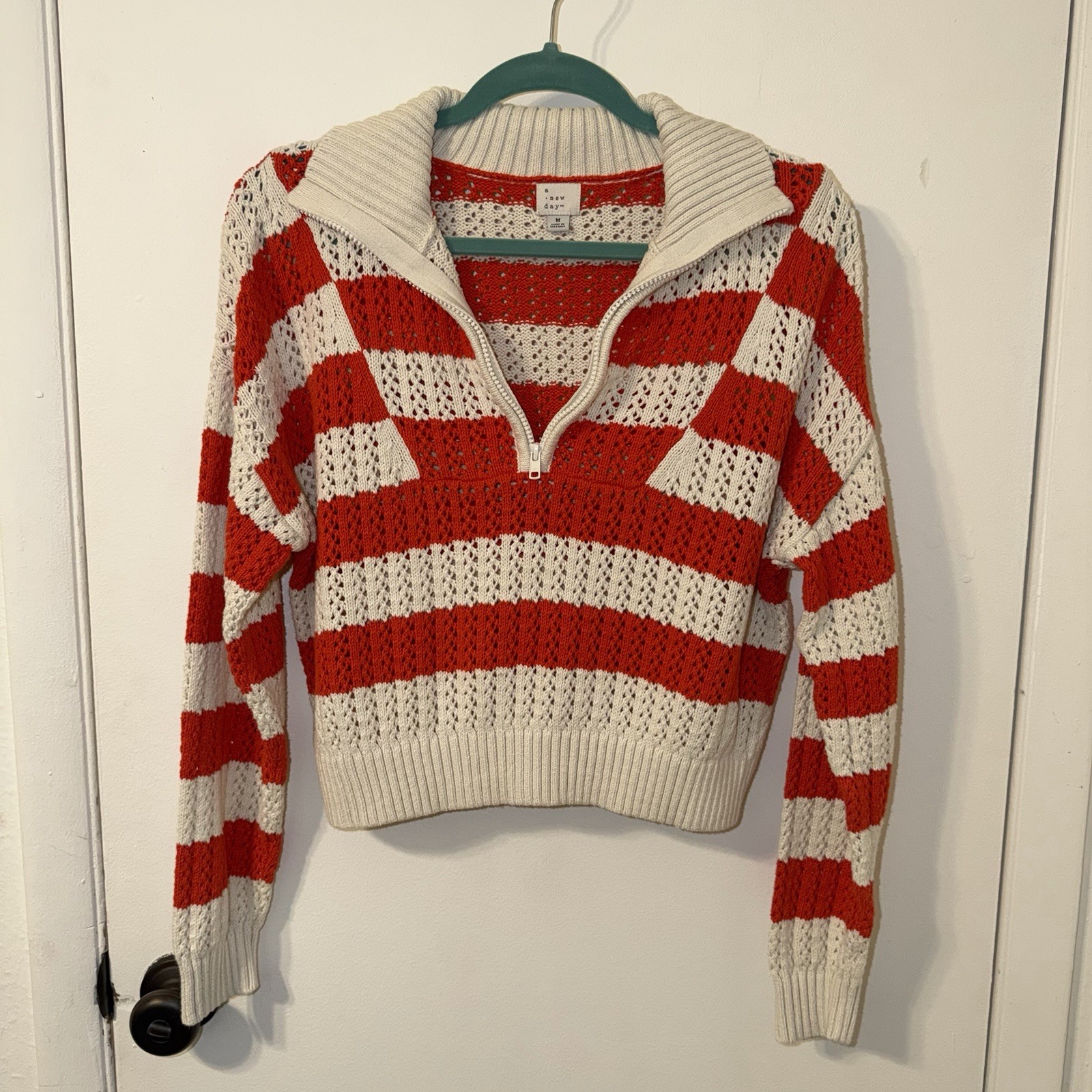 A New Day Womens Red And Cream Striped 1/4 Zip Sweater Size M Medium